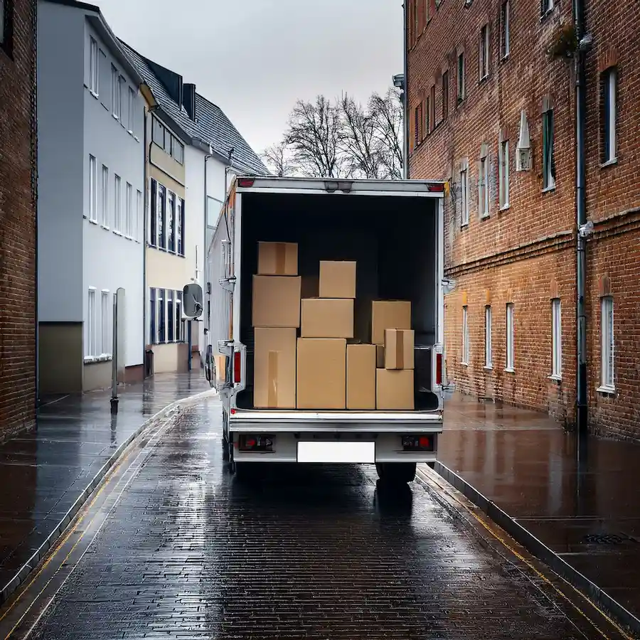 Camion de déménagement rempli de carton dans une rue.